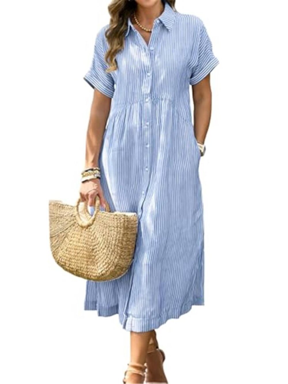 Women's Summer Striped Midi Shirt Dress